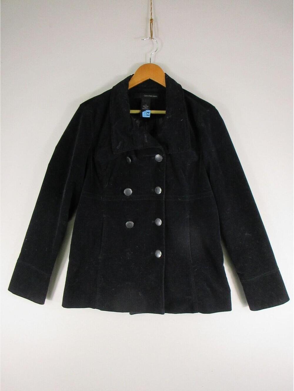 Calvin Klein Jeans Jacket Womens L Black Double Breasted Peacoat Velvet Lined
